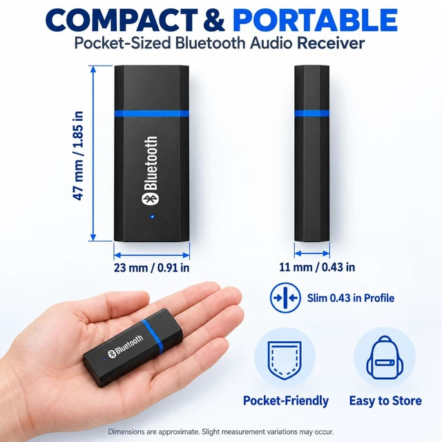 Alt view image 6 of 7 - USB Bluetooth Adapter, Bluetooth USB Audio Receiver Wireless Adapter for Home/Car Stereo System, Portable Speakers with AUX in & 3.5mm Cable (Black)