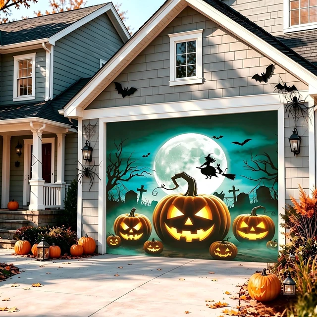 Alt view image 2 of 6 - Halloween Garage Door Banner Pumpkin Hanging Backdrop Horror Moon Night Door Cover Halloween Wall Decorations Scary Cemetery Photo Background for Outdoor Holiday, 7 x 8 Ft (Green)