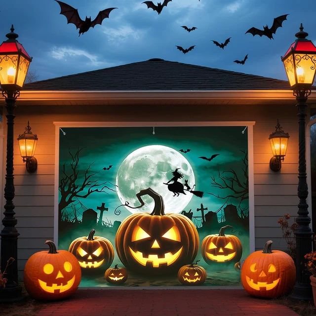 Alt view image 5 of 6 - Halloween Garage Door Banner Pumpkin Hanging Backdrop Horror Moon Night Door Cover Halloween Wall Decorations Scary Cemetery Photo Background for Outdoor Holiday, 7 x 8 Ft (Green)