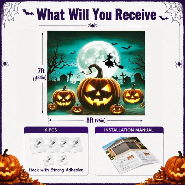 Alt view image 6 of 6 - Halloween Garage Door Banner Pumpkin Hanging Backdrop Horror Moon Night Door Cover Halloween Wall Decorations Scary Cemetery Photo Background for Outdoor Holiday, 7 x 8 Ft (Green)