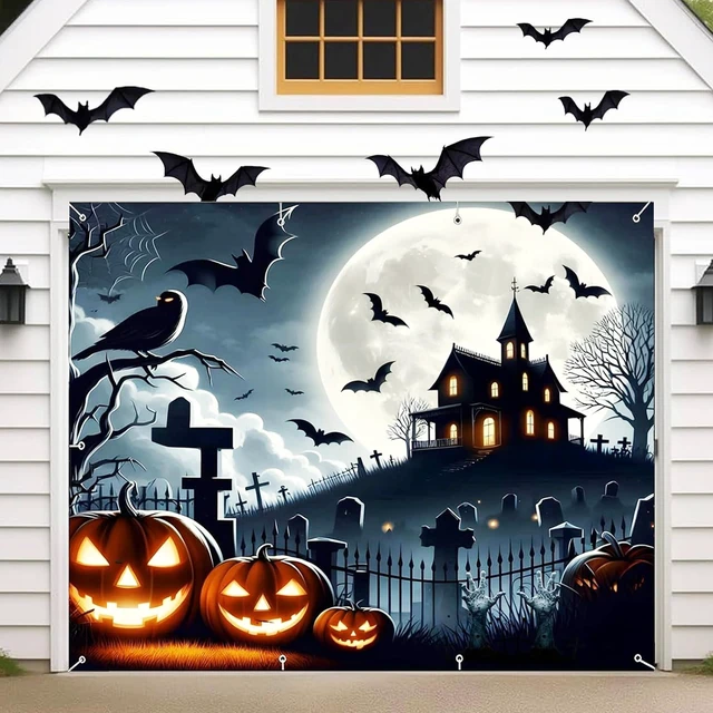 Main image of Halloween Garage Door Decorations 7 x 8 Ft Hanging Backdrop Horror Moon Night Halloween Garage Door Cover Scary Cemetery Pumpkin Banner Photo Background for Home Spooky Party Wall Window Yard (Black)