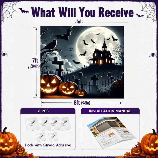 Alt view image 2 of 7 - Halloween Garage Door Decorations 7 x 8 Ft Hanging Backdrop Horror Moon Night Halloween Garage Door Cover Scary Cemetery Pumpkin Banner Photo Background for Home Spooky Party Wall Window Yard (Black)