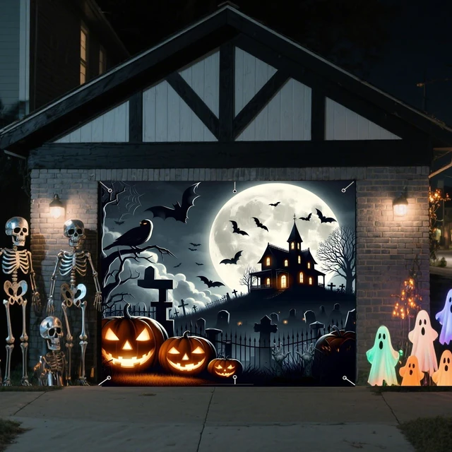 Alt view image 3 of 7 - Halloween Garage Door Decorations 7 x 8 Ft Hanging Backdrop Horror Moon Night Halloween Garage Door Cover Scary Cemetery Pumpkin Banner Photo Background for Home Spooky Party Wall Window Yard (Black)