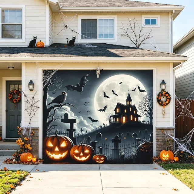 Alt view image 4 of 7 - Halloween Garage Door Decorations 7 x 8 Ft Hanging Backdrop Horror Moon Night Halloween Garage Door Cover Scary Cemetery Pumpkin Banner Photo Background for Home Spooky Party Wall Window Yard (Black)