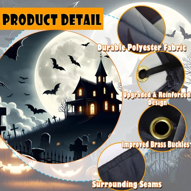 Alt view image 5 of 7 - Halloween Garage Door Decorations 7 x 8 Ft Hanging Backdrop Horror Moon Night Halloween Garage Door Cover Scary Cemetery Pumpkin Banner Photo Background for Home Spooky Party Wall Window Yard (Black)