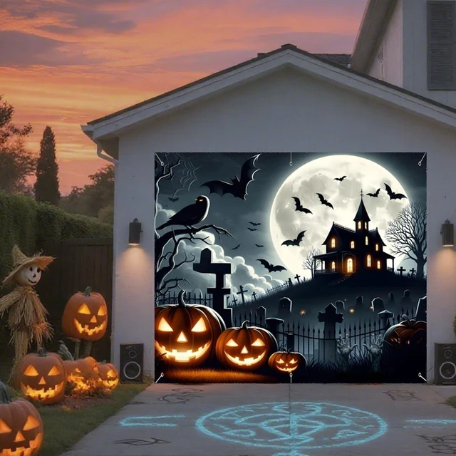 Alt view image 7 of 7 - Halloween Garage Door Decorations 7 x 8 Ft Hanging Backdrop Horror Moon Night Halloween Garage Door Cover Scary Cemetery Pumpkin Banner Photo Background for Home Spooky Party Wall Window Yard (Black)