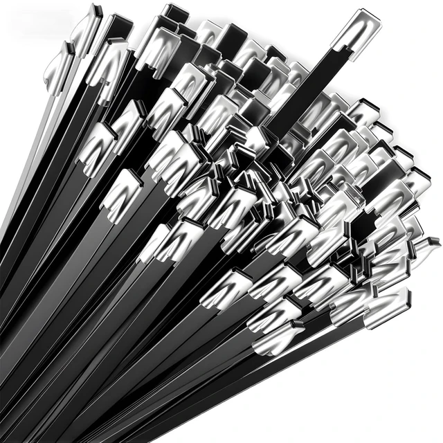 Main image of Black Metal Zip Ties, 100pcs 12"(300mm) Stainless Steel Zip Ties UV & Corrosion Resistant, Stainless Steel Cable Ties for Machinery, Exhaust Wrap, Farm, Pipe, Roof, Cable, and Outdoor Fences