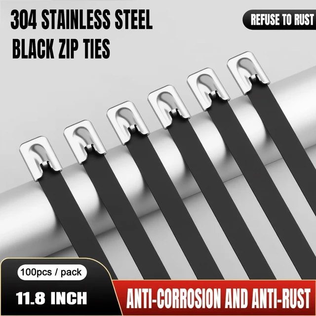 Alt view image 2 of 7 - Black Metal Zip Ties, 100pcs 12"(300mm) Stainless Steel Zip Ties UV & Corrosion Resistant, Stainless Steel Cable Ties for Machinery, Exhaust Wrap, Farm, Pipe, Roof, Cable, and Outdoor Fences