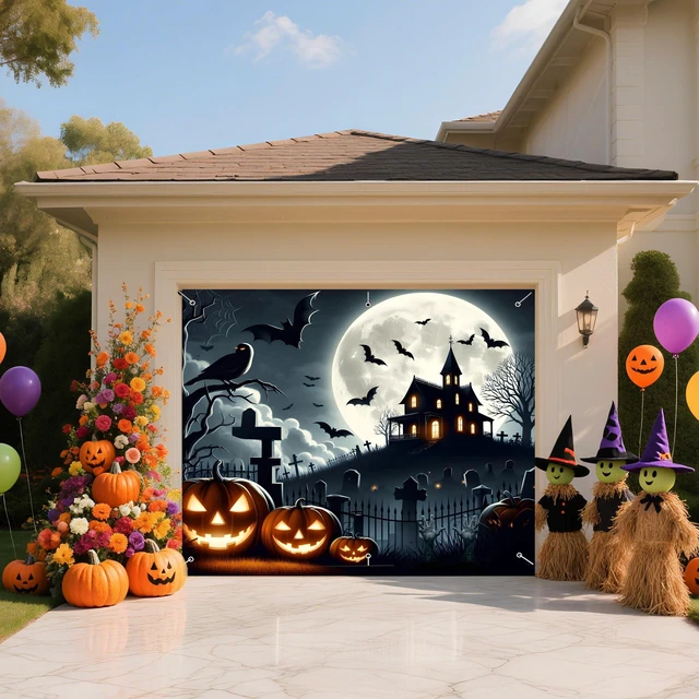 Alt view image 6 of 7 - Halloween Garage Door Decorations 7 x 8 Ft Hanging Backdrop Horror Moon Night Halloween Garage Door Cover Scary Cemetery Pumpkin Banner Photo Background for Home Spooky Party Wall Window Yard (Black)