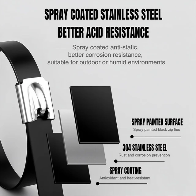 Alt view image 4 of 7 - Black Metal Zip Ties, 100pcs 12"(300mm) Stainless Steel Zip Ties UV & Corrosion Resistant, Stainless Steel Cable Ties for Machinery, Exhaust Wrap, Farm, Pipe, Roof, Cable, and Outdoor Fences