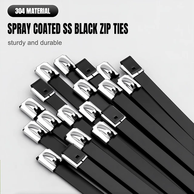 Alt view image 7 of 7 - Black Metal Zip Ties, 100pcs 12"(300mm) Stainless Steel Zip Ties UV & Corrosion Resistant, Stainless Steel Cable Ties for Machinery, Exhaust Wrap, Farm, Pipe, Roof, Cable, and Outdoor Fences