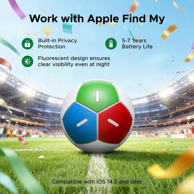 Alt view image 2 of 7 - FineTrack2 Air Tracker Tags (iOS Only) Soccer-Shaped Key Finder Compatible with Apple Find My,7-Year Battery Life Bluetooth Tracker for Bags and More,Tri-color
