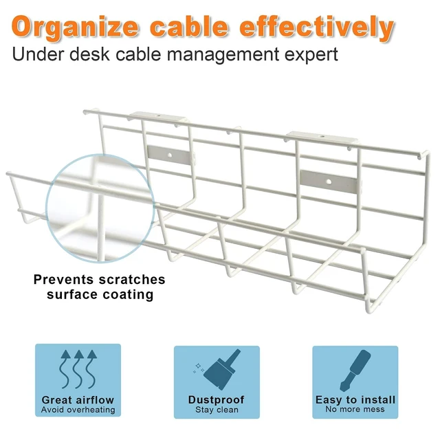 Alt view image 3 of 7 - Under Desk Cable Management- 4 Pack Cord Organizer. Metal Wire Cable Management Tray for Office, Studio and Home. Super Sturdy Under Table Cable Managements - White Cable Organizer