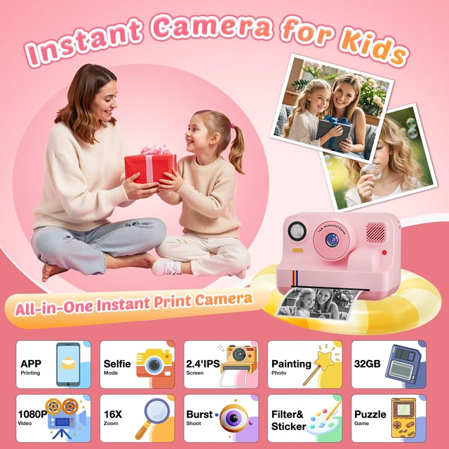Alt view image 2 of 7 - Instant Print Camera for Kids, App Printing, 1080P Video, Dual-Lens Selfie Digital Camera with 32G SD, Christmas Birthday Gifts for Girls Boys 4 5 6 7 8 9 10 11 12 Year Old, Portable Toddler Toy