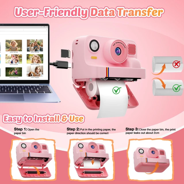 Alt view image 7 of 7 - Instant Print Camera for Kids, App Printing, 1080P Video, Dual-Lens Selfie Digital Camera with 32G SD, Christmas Birthday Gifts for Girls Boys 4 5 6 7 8 9 10 11 12 Year Old, Portable Toddler Toy