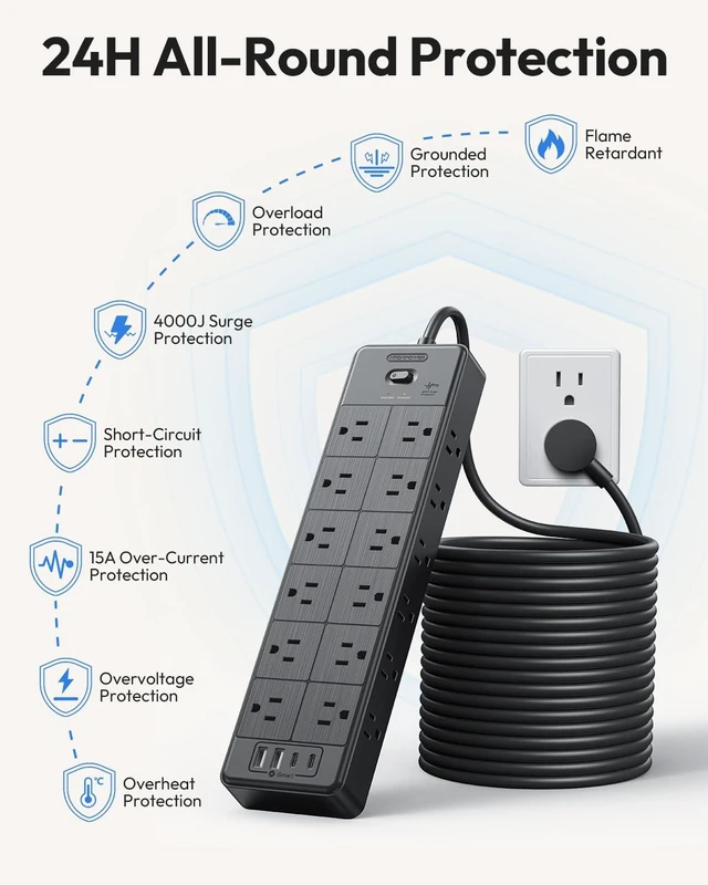 Alt view image 7 of 7 - Large Power Strip Surge Protector, 25FT Extension Cord with 24 AC Outlets, 1875W/15A, 4000 Joules Flat Plug Power Extender for Home, Office, Dorm, Gaming Room, Black