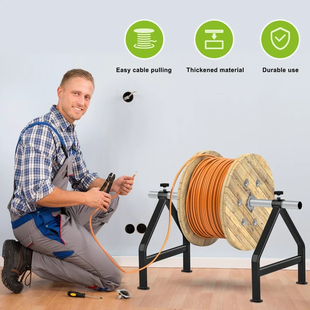 Alt view image 5 of 7 - Wire Spool Rack for up to 28" Spools, Black Fully Welded, Portable Cable Caddy for Smooth Cable Dispensing on Job Sites, 220 lbs Capacity