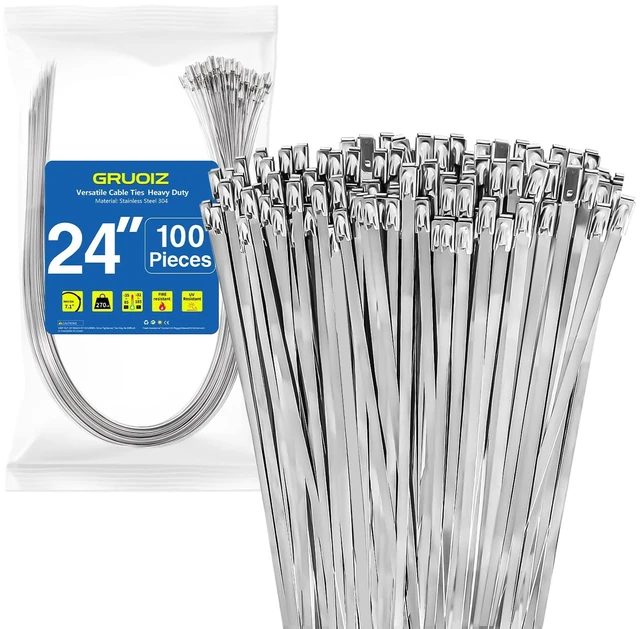 Main image of 24 inch Stainless Steel Cable Zip Ties 100 Pack 304 Metal Cable Ties with 270lbs Tensile Strength Heavy Duty Zip Ties for Farms Pipes Roofs Workshop Outdoor Fence Use