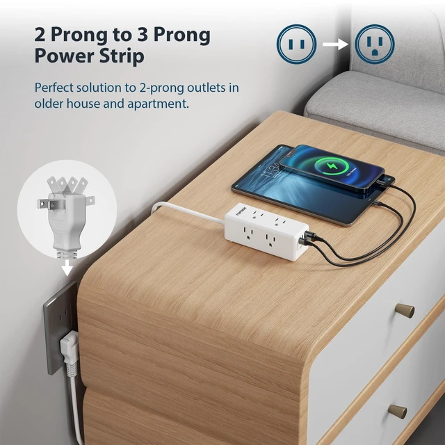 Alt view image 2 of 7 - 2 Prong Power Strip, 2 Prong to 3 Prong Outlet Adapter, 1440J 2 Prong Surge Protector with 6 Outlets & 3 USB, 5FT 2 Prong Extension Cord with Swiveling Flat Plug, Ideal for Non-Grounded Outlet