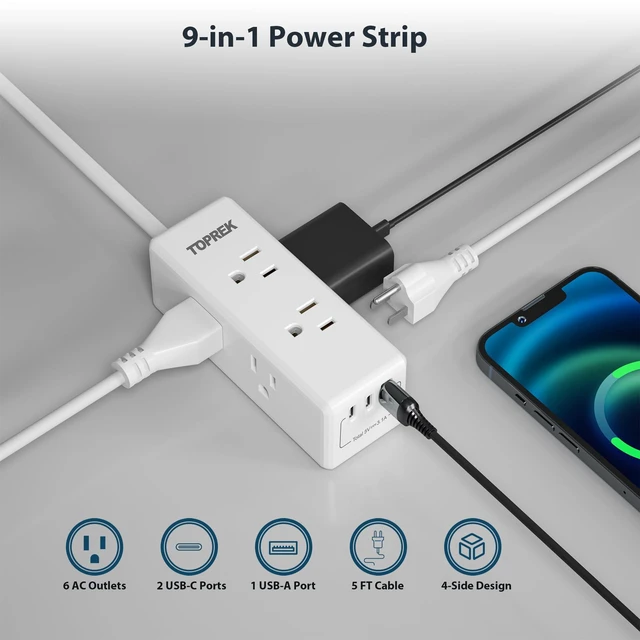 Alt view image 3 of 7 - 2 Prong Power Strip, 2 Prong to 3 Prong Outlet Adapter, 1440J 2 Prong Surge Protector with 6 Outlets & 3 USB, 5FT 2 Prong Extension Cord with Swiveling Flat Plug, Ideal for Non-Grounded Outlet