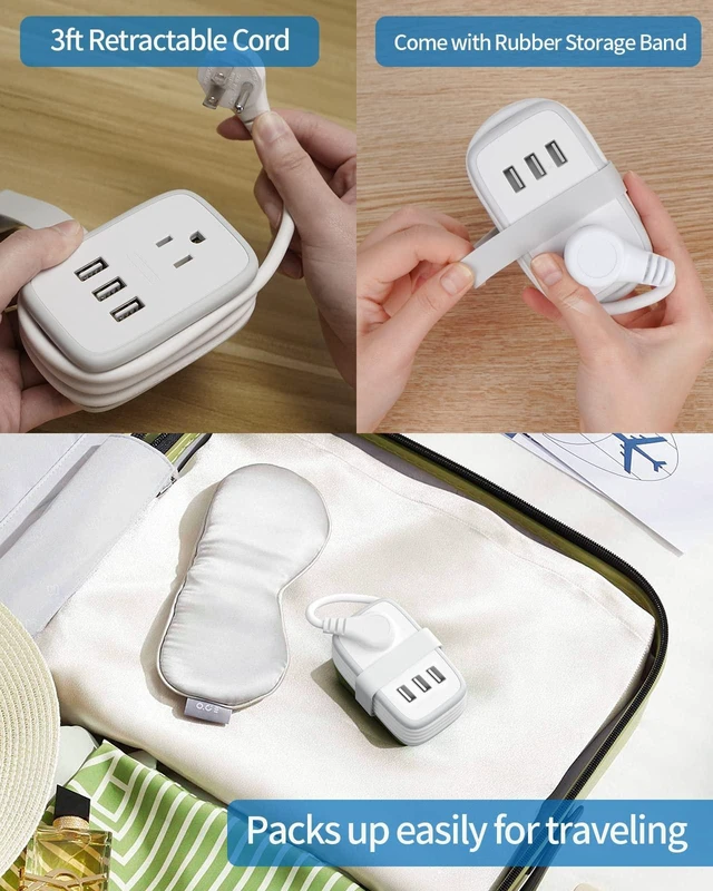 Alt view image 4 of 7 - Travel Power Strip with USB 2 Pack, 2 Widely Outlets 3 USB with 3Ft Short Extension Cord Flat Plug, Small Portable Desktop Charging Station for Cruise Ship Home Office Accessories, White