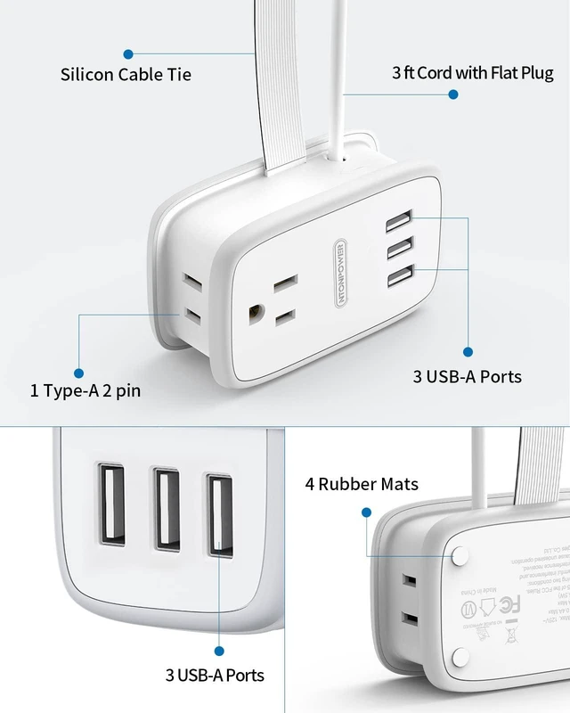 Alt view image 7 of 7 - Travel Power Strip with USB 2 Pack, 2 Widely Outlets 3 USB with 3Ft Short Extension Cord Flat Plug, Small Portable Desktop Charging Station for Cruise Ship Home Office Accessories, White
