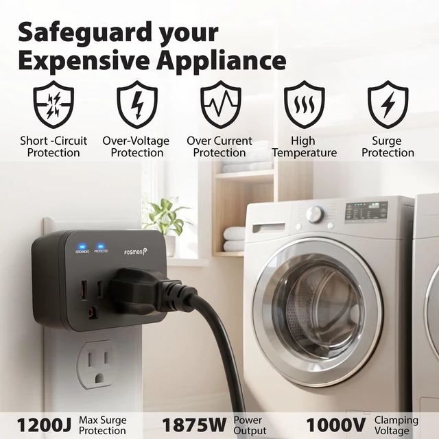 Alt view image 3 of 7 - Refrigerator Surge Protector, Appliance Surge Protector- 1 Pack 3 Outlet Surge Protector for PS5 /TV/PC, Fridge, Washing Machine, Garage Door, Air Conditioner,1200J, 1875 Watts, 3 Prong