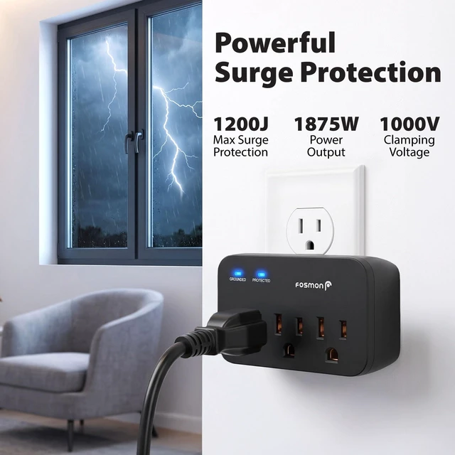 Alt view image 2 of 7 - Refrigerator Surge Protector, Appliance Surge Protector- 1 Pack 3 Outlet Surge Protector for PS5 /TV/PC, Fridge, Washing Machine, Garage Door, Air Conditioner,1200J, 1875 Watts, 3 Prong