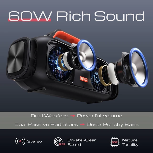 Alt view image 3 of 7 - Extreme Boom Portable Bluetooth Speaker with 60W Mighty Sound-Orange 60W Deep Bass, 30H Playtime,10400mAh Power Bank, IPX6 Waterproof, TWS, BT 5.3, For Camping, Beach, Pool, Grage, Parties