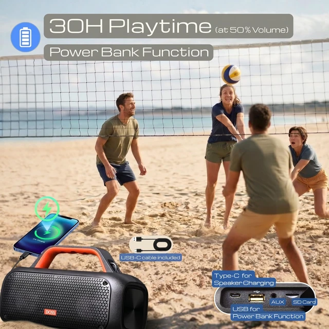 Alt view image 7 of 7 - Extreme Boom Portable Bluetooth Speaker with 60W Mighty Sound-Orange 60W Deep Bass, 30H Playtime,10400mAh Power Bank, IPX6 Waterproof, TWS, BT 5.3, For Camping, Beach, Pool, Grage, Parties