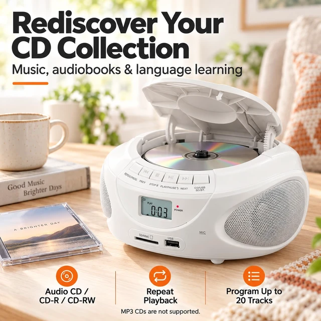 Alt view image 2 of 7 - Portable CD Player Boombox with Bluetooth & Speakers, AM/FM Radio USB/SD Playback, AUX & Headphone Jack, AC/Battery Power, Compact Design for Home, Kitchen, Patio & Travel