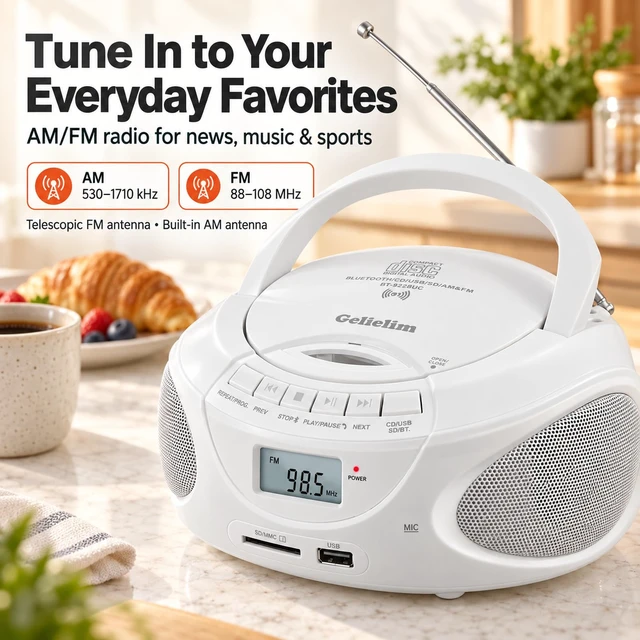 Alt view image 3 of 7 - Portable CD Player Boombox with Bluetooth & Speakers, AM/FM Radio USB/SD Playback, AUX & Headphone Jack, AC/Battery Power, Compact Design for Home, Kitchen, Patio & Travel