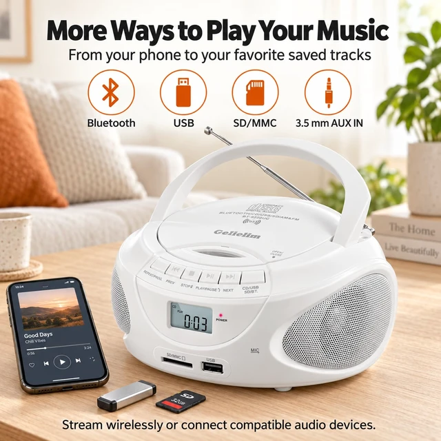 Alt view image 4 of 7 - Portable CD Player Boombox with Bluetooth & Speakers, AM/FM Radio USB/SD Playback, AUX & Headphone Jack, AC/Battery Power, Compact Design for Home, Kitchen, Patio & Travel