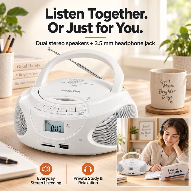 Alt view image 5 of 7 - Portable CD Player Boombox with Bluetooth & Speakers, AM/FM Radio USB/SD Playback, AUX & Headphone Jack, AC/Battery Power, Compact Design for Home, Kitchen, Patio & Travel