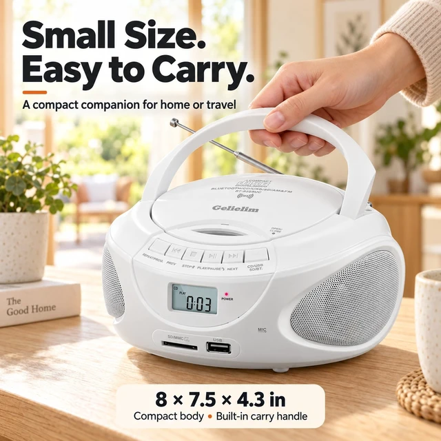 Alt view image 6 of 7 - Portable CD Player Boombox with Bluetooth & Speakers, AM/FM Radio USB/SD Playback, AUX & Headphone Jack, AC/Battery Power, Compact Design for Home, Kitchen, Patio & Travel