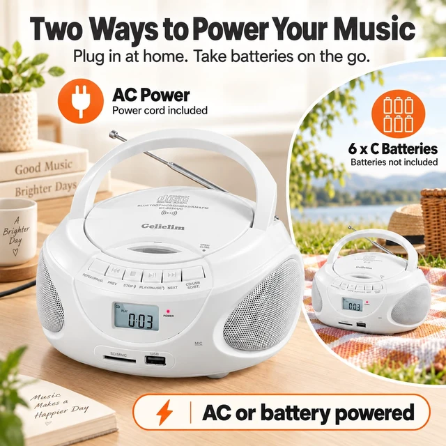Alt view image 7 of 7 - Portable CD Player Boombox with Bluetooth & Speakers, AM/FM Radio USB/SD Playback, AUX & Headphone Jack, AC/Battery Power, Compact Design for Home, Kitchen, Patio & Travel