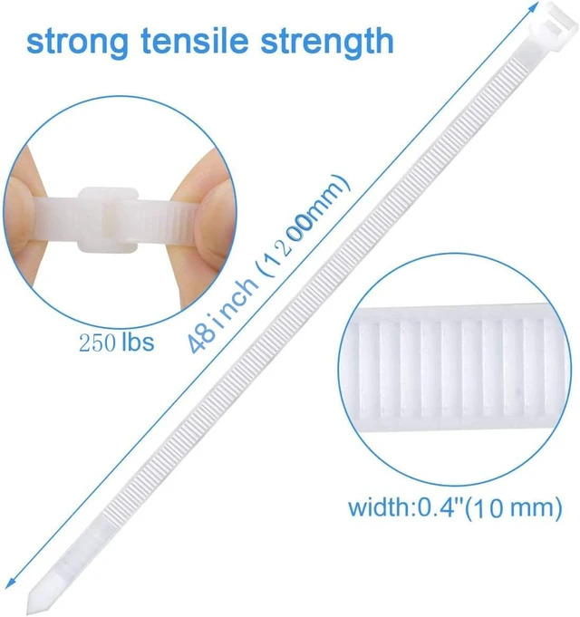Alt view image 2 of 6 - Extra long zip ties 48 inch white Large cable ties heavy duty outdoor use 250 lbs thick Nylon plastic Zipties 18 pcs