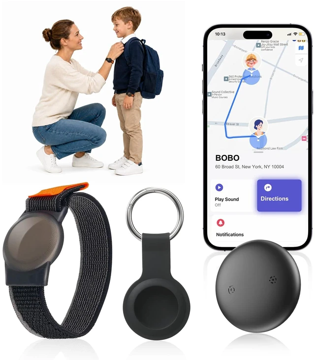 Main image of GPS Tracker for Kids & Seniors, Real-Time Location Tracker Black Lightweight tracker with band and keychain, no monthly fee long standby, Works with iOS & Android, for daily outdoor