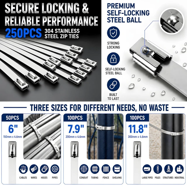 Alt view image 4 of 7 - Stainless Steel Zip Ties Gun Kit,304 Metal Zip Ties Heavy Duty-SLV 250PCS Stainless Steel Cable Tie(6"/7.9"/11.8") Self-Locking, UV/Corrosion Resistant for Fence/Exhaust Pipe/Chicken Coop/Farm