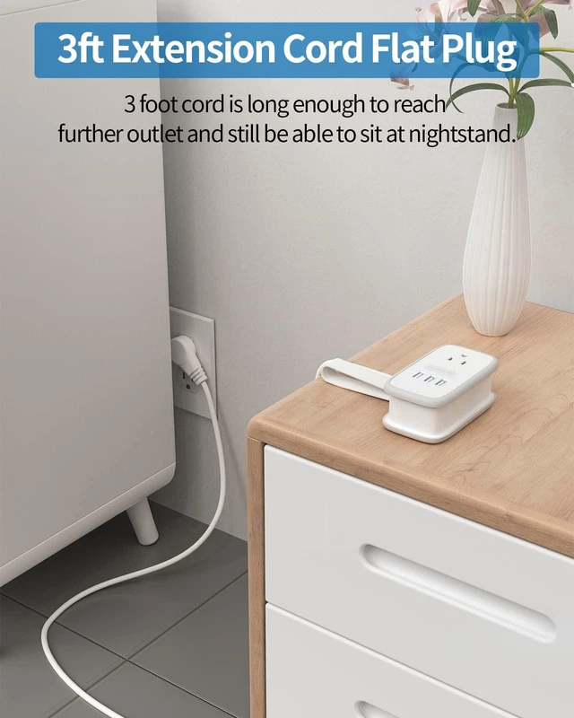 Alt view image 6 of 7 - Travel Power Strip with USB 2 Pack, 2 Widely Outlets 3 USB with 3Ft Short Extension Cord Flat Plug, Small Portable Desktop Charging Station for Cruise Ship Home Office Accessories, White