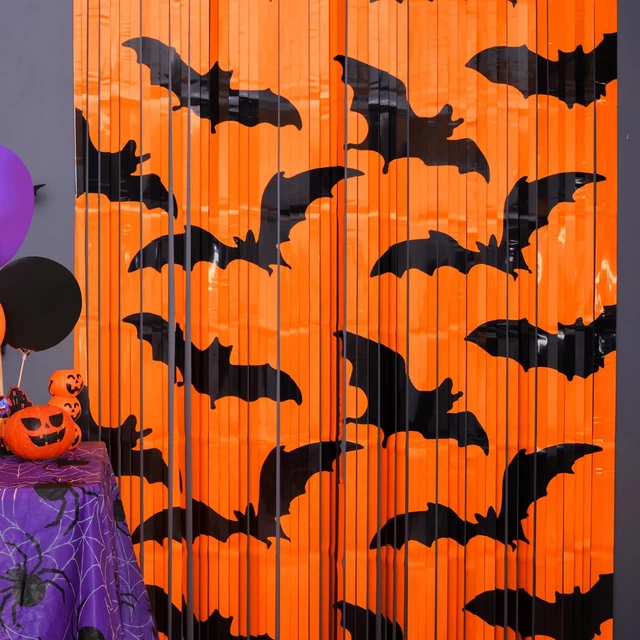 Main image of Mega-L Halloween Party Decorations, 4 Pack Halloween Party Photo Backdrop Black Bat Pattern Orange Background Photo Booth Props, 3.3 x 6.6 ft Foil Fringe Curtains, Halloween Booday Party Supplies