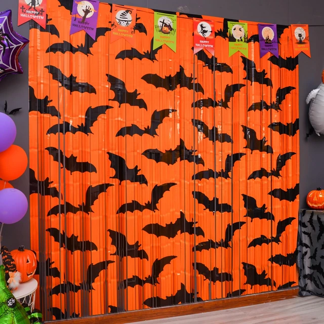 Alt view image 2 of 7 - Mega-L Halloween Party Decorations, 4 Pack Halloween Party Photo Backdrop Black Bat Pattern Orange Background Photo Booth Props, 3.3 x 6.6 ft Foil Fringe Curtains, Halloween Booday Party Supplies