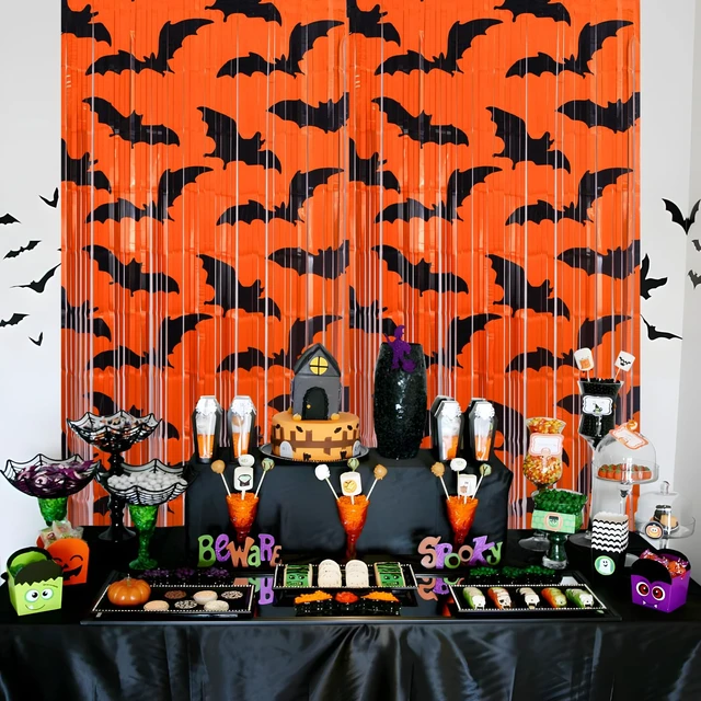 Alt view image 5 of 7 - Mega-L Halloween Party Decorations, 4 Pack Halloween Party Photo Backdrop Black Bat Pattern Orange Background Photo Booth Props, 3.3 x 6.6 ft Foil Fringe Curtains, Halloween Booday Party Supplies