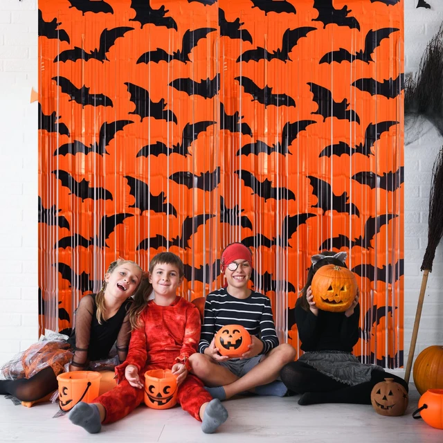 Alt view image 6 of 7 - Mega-L Halloween Party Decorations, 4 Pack Halloween Party Photo Backdrop Black Bat Pattern Orange Background Photo Booth Props, 3.3 x 6.6 ft Foil Fringe Curtains, Halloween Booday Party Supplies