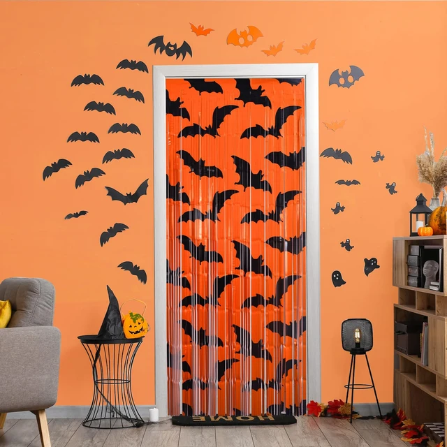 Alt view image 7 of 7 - Mega-L Halloween Party Decorations, 4 Pack Halloween Party Photo Backdrop Black Bat Pattern Orange Background Photo Booth Props, 3.3 x 6.6 ft Foil Fringe Curtains, Halloween Booday Party Supplies