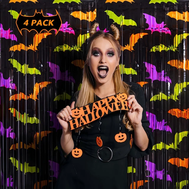 Alt view image 2 of 7 - Mega-L Halloween Party Decorations, Bat Pattern Photo Backdrop, 4 Pack Halloween Photo Booth Props, 3.3 X 6.6 ft, Metallic Foil Fringe Curtains, Spooky Photo Backdrop, Halloween Streamers
