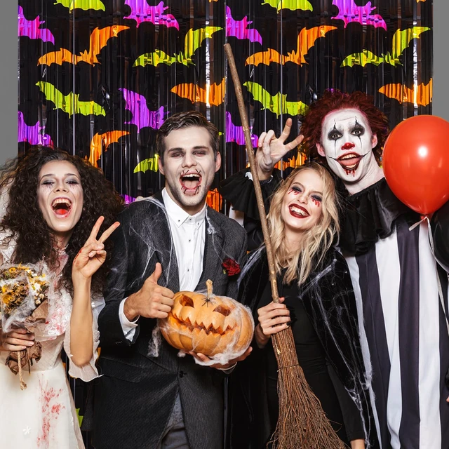 Alt view image 3 of 7 - Mega-L Halloween Party Decorations, Bat Pattern Photo Backdrop, 4 Pack Halloween Photo Booth Props, 3.3 X 6.6 ft, Metallic Foil Fringe Curtains, Spooky Photo Backdrop, Halloween Streamers