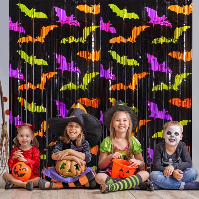 Alt view image 5 of 7 - Mega-L Halloween Party Decorations, Bat Pattern Photo Backdrop, 4 Pack Halloween Photo Booth Props, 3.3 X 6.6 ft, Metallic Foil Fringe Curtains, Spooky Photo Backdrop, Halloween Streamers
