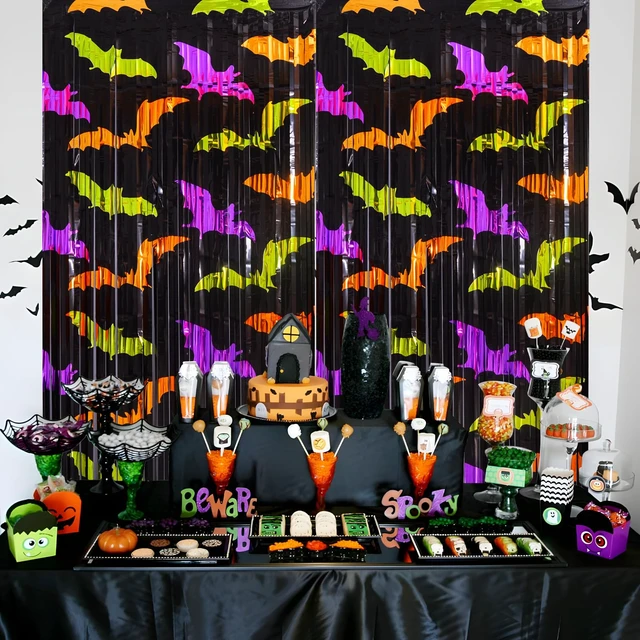 Alt view image 6 of 7 - Mega-L Halloween Party Decorations, Bat Pattern Photo Backdrop, 4 Pack Halloween Photo Booth Props, 3.3 X 6.6 ft, Metallic Foil Fringe Curtains, Spooky Photo Backdrop, Halloween Streamers