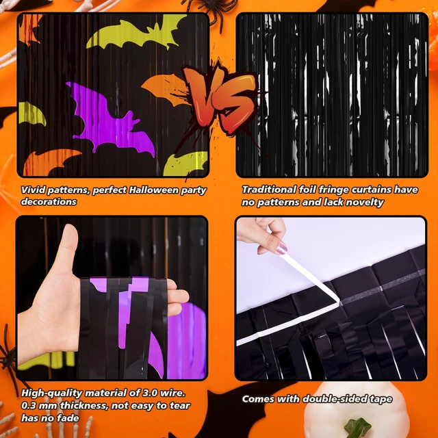 Alt view image 4 of 7 - Mega-L Halloween Party Decorations, Bat Pattern Photo Backdrop, 4 Pack Halloween Photo Booth Props, 3.3 X 6.6 ft, Metallic Foil Fringe Curtains, Spooky Photo Backdrop, Halloween Streamers